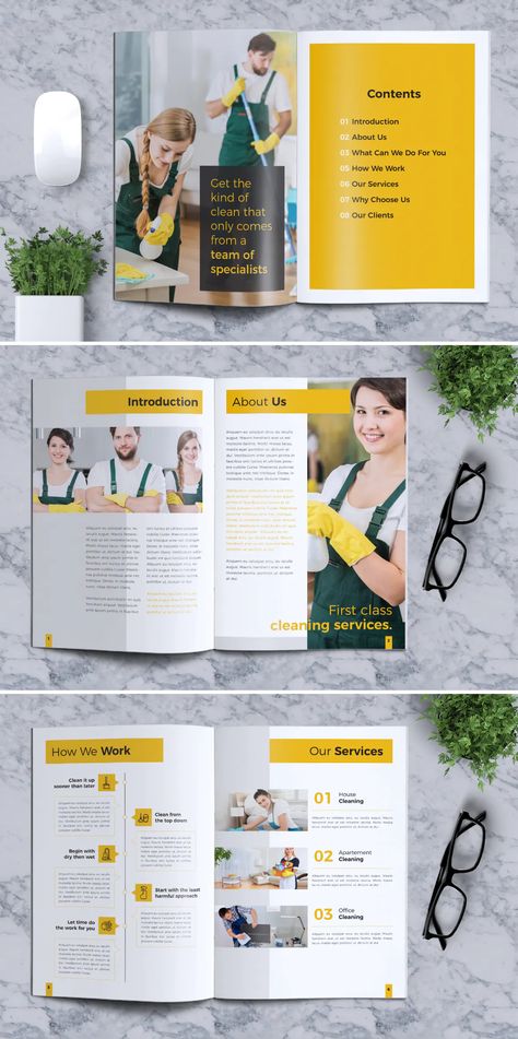 Cleaning Service Company Brochure Template INDD. 12 custom pages Service Brochure Design, Services Brochure Design, Cleaning Service Brochure, Cleaning Company Branding, Cleaning Brochure, Cleaning Products Design, Housekeeping Business, Service Brochure, Services Brochure