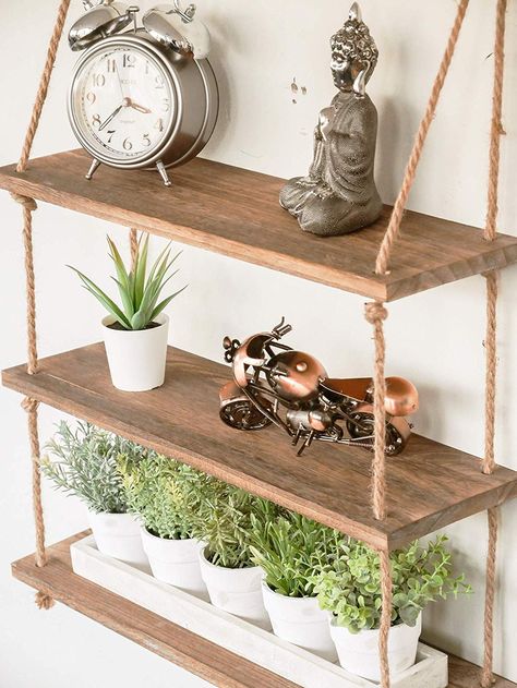 These vintage shelves has a rustic finish, availble in a dark wooden tone. These tiered shelves will look great in just about any room you could think of, living room, hallway or even outside on the patio. Hanging Wood Shelves, Hanging Rope Shelves, Wall Mounted Storage Shelves, Wall Hanging Shelf, Macrame Shelf, Decorative Wall Hanging, Wall Hanging Storage, Wall Hanging Shelves, Rustic Floating Shelves