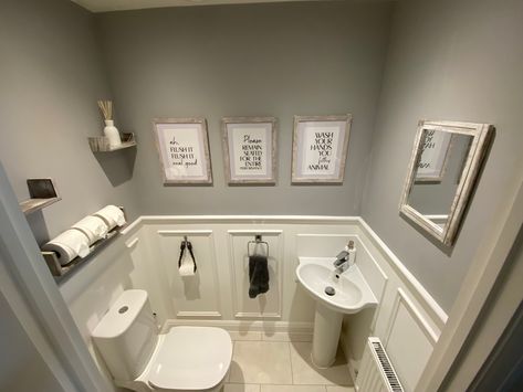 Downstairs Toilet With Window Ideas, Toilet With Window, Panelling Shelf, Toilet Panelling, Diy Panelling, Small Downstairs Toilet, Downstairs Cloakroom, Kitchen Planning, Small Bathroom Diy