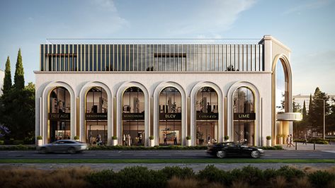 Hotel Facade Design Modern, Wedding Hall Exterior Design, Commercial Design Exterior Buildings, Small Office Facade, Commercial Design Exterior Facades, Hotel Elevation Exterior, Commercial Building Exterior Facades, Japandi Facade, Commercial Building Elevation