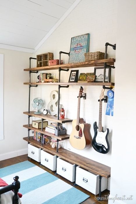 diy industrial shelving Industrial Shelf Diy, Industrial Shelves, Industrial Diy, Industrial Bedroom, Industrial Shelving, Man Caves, Design Industrial, Big Boy Room, Industrial House