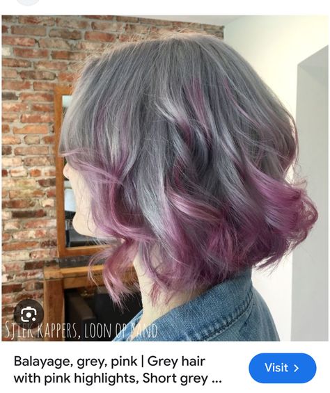 Grey Hair With Pink Streaks, Grey Hair Pink Highlights, Pink On Grey Hair, Gray Hair With Pink Highlights, Grey And Pink Hair, Grey Hair With Pink Highlights, Pink And Grey Hair, Grey Pink Hair, Ash Gray Balayage