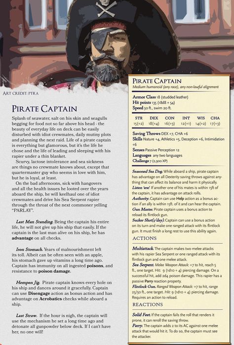 Pirate Stat Block 5e, Dnd Pirate Stats, Pirate Campaign Dnd, Pirate Dnd Campaign Ideas, Dnd Pirate Campaign, Dnd Sea Monsters, Dnd Pirates, Dnd Pirate, Monsters Dnd