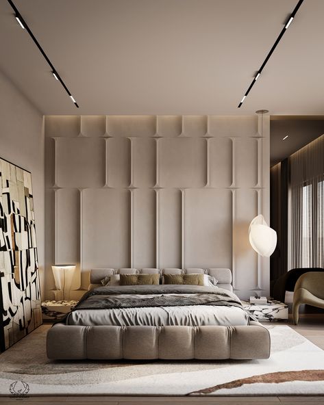 This calm bedroom design combines neutral tones with modern luxury. The textured wall panels add depth, while the comfortable bed and simple décor show calm elegance. Ideal for people who enjoy a combination of comfort and style.

#BedroomGoals #ModernDesign #NeutralInteriors #bedroomDesign #bedroomInterior #homeDecor #homeInterior #ModernInterior #ModernBedroom  #ContemporaryBedroom #homeBedroomRefresh Bedroom Wall Cladding, Calm Bedroom Design, Modern Simple Bathroom, Modern Bedroom Design Luxury, Panel Design Ideas, Modern Luxury Bedroom Design, Bedroom Design Luxury, Accent Wall Bathroom, Calm Bedroom