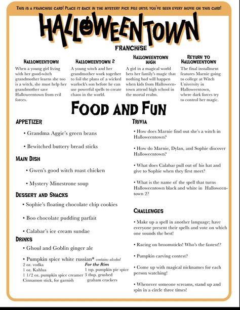 Movie Night Menu Ideas Halloween, Fall Movie Night Meals, Fall Movie Themed Dinner, Halloweentown Movie Food Ideas, Halloween Family Movie Night Dinner, Halloween Themed Dinner And A Movie, Disney Movie Night Menu Halloween, Elemental Movie Theme Dinner, Fall Movie Night Dinner