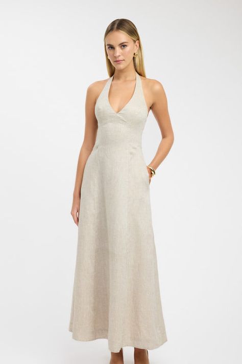 Bring classic elegance to your linen collection with the Tahiti Halter Maxi Dress. Crafted from 100% linen with cotton lining, this versatile dress enables you to effortlessly flow into the weekend. The sleeveless design has a halter neckline and turns to reveal a low back. Maxi in length, this fit-and-flare silhouette is the perfect sundress 2025 Wishlist, Kookai Dress, Linen Collection, Halter Maxi Dress, Halter Maxi, Versatile Dress, Halter Maxi Dresses, Versatile Dresses, Halter Neckline