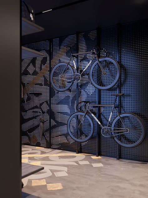 KOBE B. on Behance Cycle Store Design, Bicycle Room, Gear Room, Cycle Store, Bike Room, Bicycle Store, Bicycle Shop, Showroom Interior Design, Bike Store