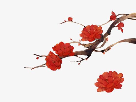 Red Flower Illustration, Red Flowers Png, Red Branches, Flowers Branch, Foo Dog Tattoo, Chinese Flowers, Anime Flower, Chinese Illustration, Chinese Flower