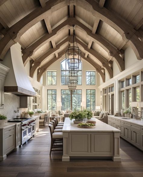 Farmhouse Kitchen Living Room Combo, Luxury Barndominium Interior, Fancy Barndominium, Extra Large Kitchen Island Farmhouse, Rich Kitchen Luxury, Castle Kitchen Luxury, Castle Aesthetic Interior Kitchen, Luxury Farmhouse Kitchen, French Chateau Homes