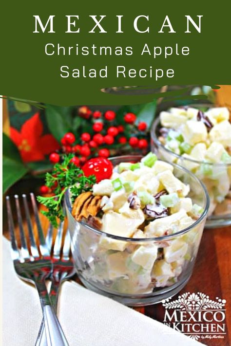 Ensalada Navideña (or Mexican Christmas Apple Salad) is an easy and delicious recipe. The creamy apple salad dressing is so simple with just a few ingredients. #mexicanrecipes #homecook #mexicanchristmas #easyrecipes #christmassalad Christmas Food Ideas Mexican, Mexican Apple Salad, Mexican Thanksgiving Side Dishes, Christmas Apple Salad, Healthy Mexican Salad, Apple Salad Dressing, Mexican Christmas Food, Apple Pecan Salad, Mexican Side Dish