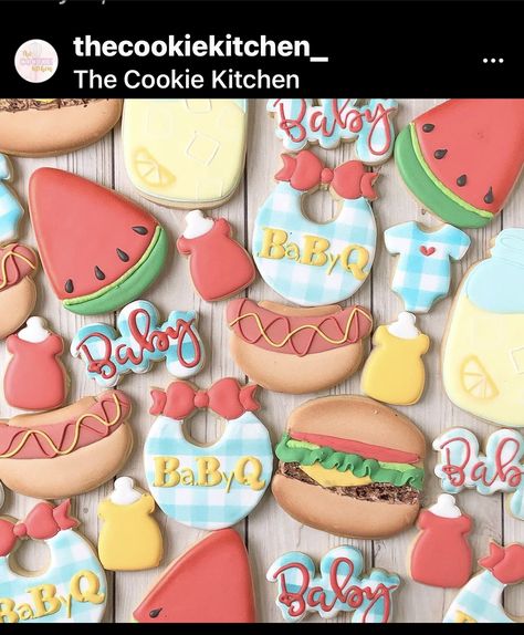 Babyque Shower, Bbq Baby Shower Decorations, Sugar Cookies Designs, Barbecue Baby Shower, Baby Bbq, Bbq Baby Shower, Cookies Decorated With Royal Icing, Baby Q Shower, Yummy Sugar Cookies