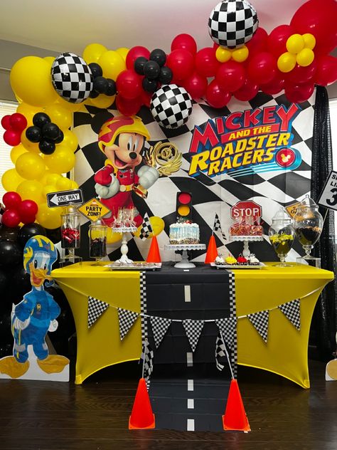 Mickey Mouse Racing Birthday, Car Racer Theme Birthday Party, Racer Birthday Theme, 3rd Birthday Party For Boy Cars Theme, Mickey Mouse Race Car Party, Mickey Racers Birthday Party, Mickey Mouse Racers Birthday, Roadster Racers Birthday Party, Mickey And Roadster Racers Party Ideas