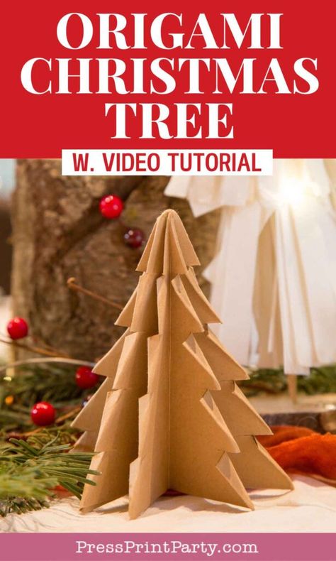 How to Make a Folded Paper Christmas Tree Origami - Create a beautiful, 3D paper forest this holiday season with these easy, step-by-step instructions! This simple DIY craft is perfect for making unique Christmas decor at home, and it’s budget-friendly, too. Follow along with the video and use the blog template to bring your Christmas decorations to life. Whether for a centerpiece or holiday shelf decor, these paper trees add a lovely handmade touch. by Press Print Party! Paper Bag Trees Craft, Folded Paper Christmas Tree Craft, Christmas Tree Folded Paper, Folded Paper Trees, Foldable Christmas Tree, 3d Paper Christmas Tree Free Printable, Diy Paper Trees Christmas, 3d Christmas Tree Template, Oragami Christmas Tree