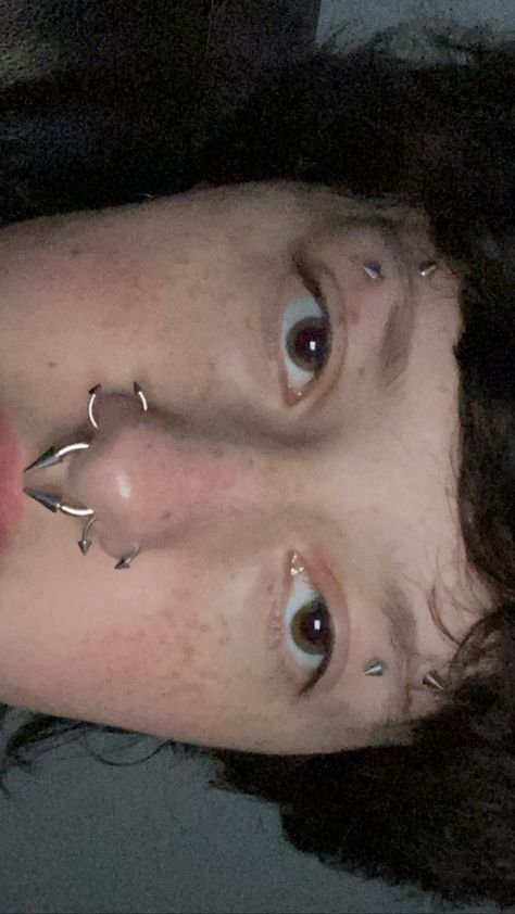 face piercings WOOO Eyebrow Piercing Placement, Face Piercing Set Up, Symmetrical Eyebrow Piercing, Symmetrical Piercings, Both Eyebrows Pierced, Spike Piercing, Spike Eyebrow Piercing, Eyebrow Piercing Spike, Spiked Septum Piercing