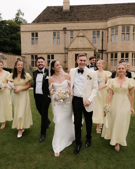 Georgia’s gorgeous gals in the most divine buttery yellow dresses, one of my all time favourite colours 🧈 The perfect shade of yellow to complement the single flower variety bouquets we made for the maids - white cosmos, pale pink dahlia, pale pink stocks, lilac sweetpeas and white daisies! Captured so wonderfully by @theshannons.photography 🤍 Pale Yellow Wedding Palette, Butter Yellow Wedding Theme, Yellow Bridesmaid Dresses With Groomsmen, Pale Yellow Wedding Theme, Yellow Bridal Party, Yellow Wedding Party, Pale Yellow Wedding, Pale Yellow Weddings, Tan Groomsmen