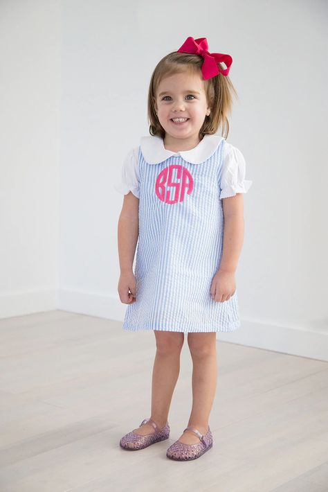 Monogram Girls Dress, Peter Pan Collar Top, Corduroy Jumper, Kid Hairstyles, Peter Pan Collar Shirt, Girls Easter Dresses, Girls Jumpers, Seersucker Dress, Easter Girl