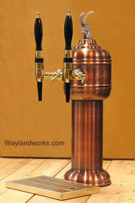 We have a range of small beauties as well. Old copper draft beer tower, middle ring hand hammered, glycol ready. Round parts hand spun on spinning lathe. Perfect for an upscale home bar. Bar Tap Display Ideas, Outdoor Pub, Draft Beer Tower, Beer Table, Japanese Beer, Beer Tower, Bar Tap, Log Cabin Rustic, Hidden Bar