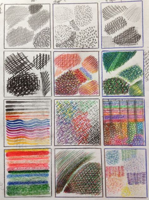 Coloured pencil Hatching Cross Hatching, Texture Drawing Ideas, Mark Making Techniques, Pencil Shading Techniques, Texture Drawing, Art Worksheets, Colored Pencil Techniques, Cross Hatching, Year 7