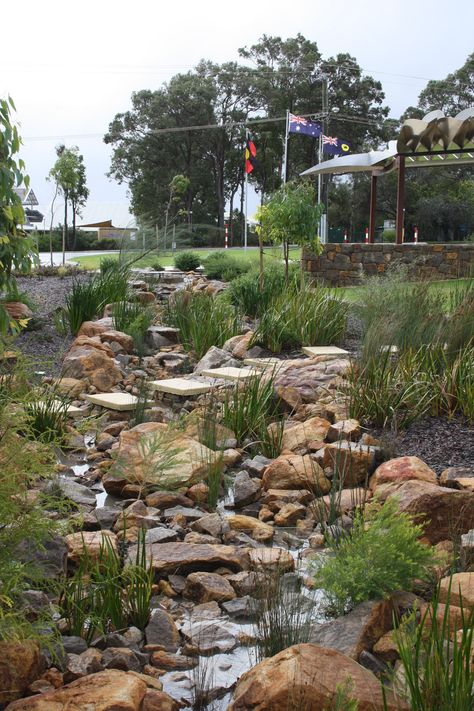 Drainage Swales, Rain Garden Landscape, Dessert Landscape, Dessert Landscaping, Rain Garden Design, Creek Garden, Garden Stream, Landscape Architecture Plan, Ashton Gardens