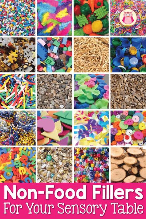 Here is a huge list of non-food fillers and mix-ins for your sensory table or sensory bin. Perfect for preschool, pre-k, kindergarten, or prep Sensory Tub Fillers, Sand Sensory Table Ideas, Diy Sensory Bin Kindergarten, Sand And Water Table Ideas Sensory Play, Sensory Table Ideas For Kindergarten, Sand Table Ideas For Preschool, Sand Table Ideas, Sensory Fillers, Diy Sensory Table