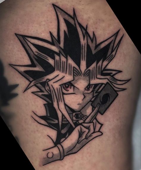 Yami Yugi Tattoo, Yugioh Card Tattoo, Yugioh Tattoo Design, Dark Magician Tattoo, Yu Gi Oh Tattoo Ideas, Big Tattoo Cover Up Ideas, Yu Gi Oh Tattoo, Wow Tattoo, Yugioh Tattoo