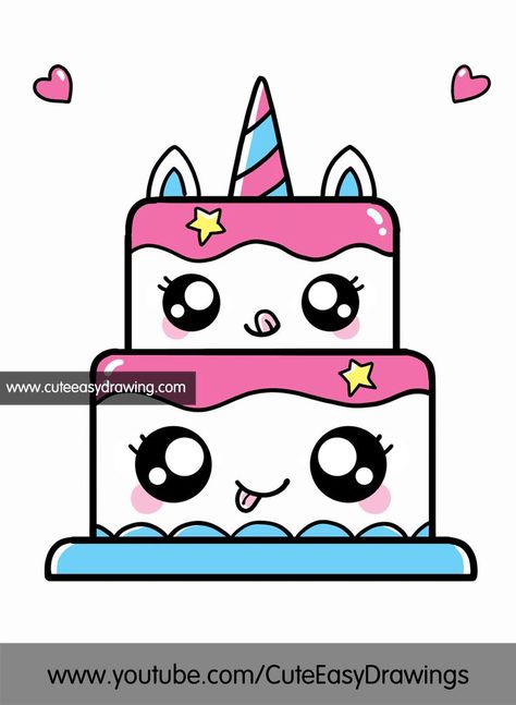 cake drawing cartoon Unicorn Cake Drawing Easy, Cute Cake Drawing Easy, Cute Cartoon Drawings Kawaii, How To Draw A Unicorn Step By Step, Unicorn Cake Drawing, Unicorn Cute Drawing, Cartoon Unicorn Drawing, How To Draw A Unicorn, Very Easy Drawings Kids