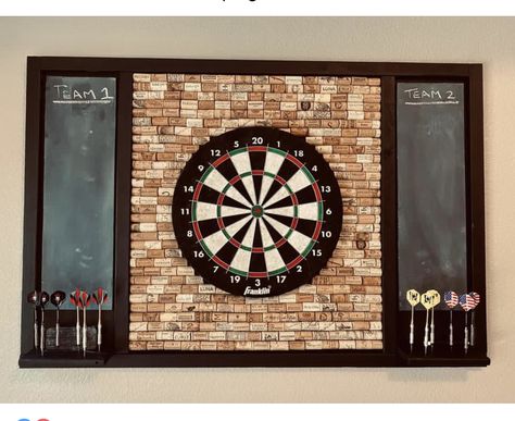 Dart Storage Ideas, Basement Dart Board Wall, Cork Dartboard Backboard, Wine Cork Dart Board, Darts Room, Cork Dartboard, Basement Game Room Ideas, Dart Board Wall, Game Room Ideas