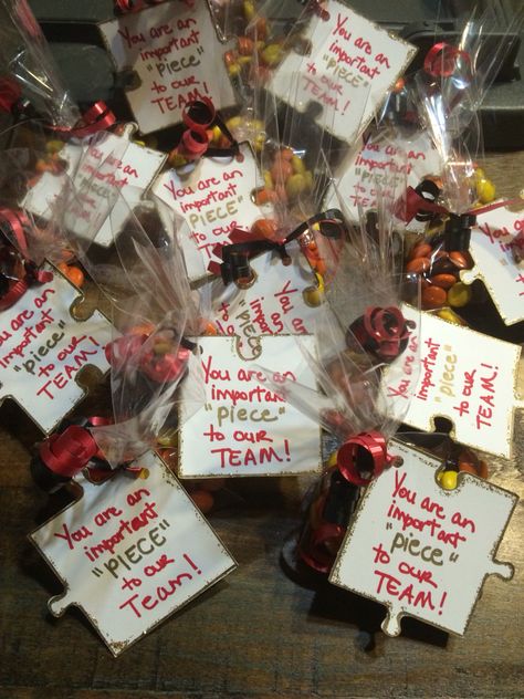 Puzzle Piece Volunteer Appreciation, Treat Bags For Employees, Team Send Off Ideas, Team Building Gift Ideas, Prizes For Staff Meeting, You Are An Important Piece Of The Puzzle, Volleyball Candy Sayings Team Gifts, Team Get Together Ideas, Team Candy Gifts