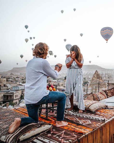 Watching the sunrise in the dreamy city of Cappadocia with the hot air balloons decorating the sky and our romantic song "la vie en rose" he proposed ❤️ and I said yesss for ever and ever!! #fracoltrips #engagement #shesaidyes #cappadocia #turkey #love #travelcouple Cave Hotel, Museum Hotel, Turkey Photos, Cappadocia Turkey, Hot Air Balloon Rides, Air Balloon Rides, Hot Air Balloons, Beautiful Hotels, Air Balloons