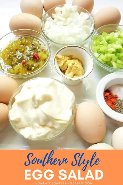 Easy Southern Style Egg Salad Recipe - Home at Cedar Springs Farm Southern Egg Salad Recipe, Southern Egg Salad, Pickle Relish Recipe, Egg Salad Recipes, Classic Egg Salad Recipe, Sandwich Spreads, Egg Salad Sandwich Recipe, Elegant Tea Party, Easy Yummy Recipes