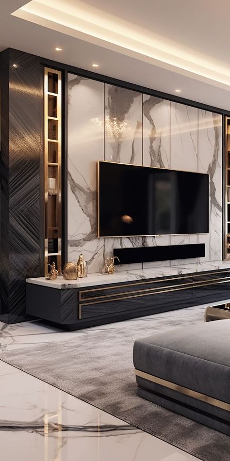 Living Room Tv Wall Luxury, Tv Wall Design Luxury, Tv Wall Design Modern Luxury, Wall Decor Living Room Modern, Tv Wall Decor Ideas, Modern Tv Unit Designs, Wall Unit Designs, Modern Tv Wall Units, Tv Unit Interior Design