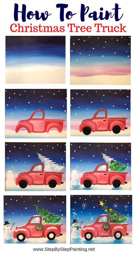 Learn how to paint a cute red vintage Christmas tree truck! This free tutorial includes detailed instructions, a free traceable and video. Learn at home and paint with the whole family. Paint A Christmas Tree, Paint Christmas, Christmas Paintings On Canvas, Christmas Tree Truck, Canvas Painting Tutorials, Christmas Tree Painting, Navidad Diy, Canvas Painting Diy, Christmas Canvas