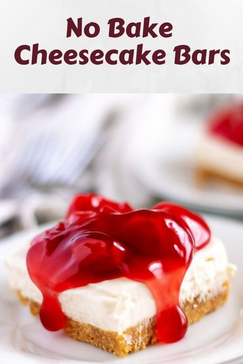 Our favorite cheesecake bars, made with a homemade no-bake filling, a simple graham cracker crust, and finished with a sweet and tart cherry topping.  #cheesecake #nobakecheesecake #cheesecakebars #cherrycheesecake #dessertrecipes #easycheesecake Summer Cheesecake, Best No Bake Cheesecake, No Bake Cheesecake Recipe, Bake Sweets, Blueberry Cheesecake Recipe, No Bake Cherry Cheesecake, No Bake Summer Desserts, Biscuits Graham, Easy No Bake Cheesecake