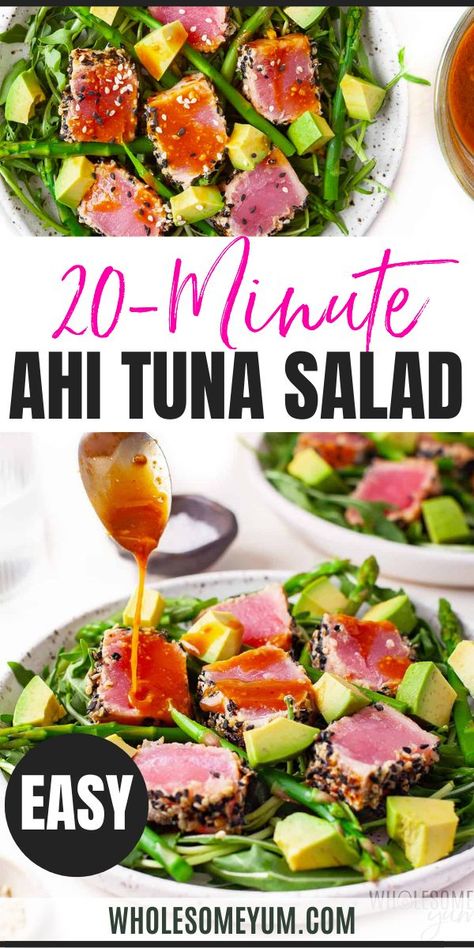 Ahi Tuna Salad Ahi Tuna Salad Recipe, Tuna Salad Dressing, Cooking Ahi Tuna, Ahi Tuna Salad, Broccoli Salads, Delicious Healthy Salads, Tender Asparagus, Kale Salads, Dairy Free Salads