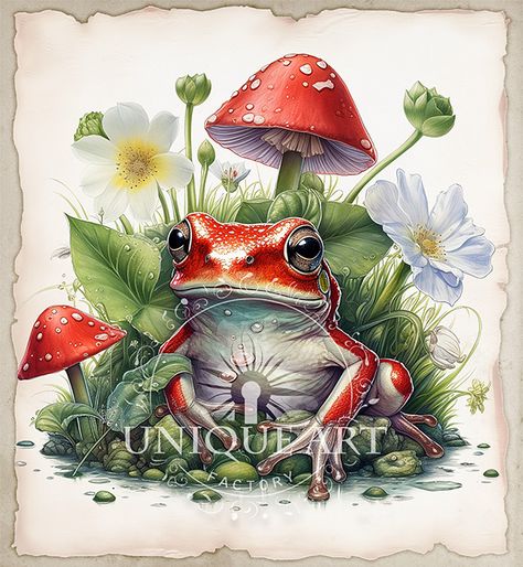 Frog And Mushroom, Frog Clipart, Mushroom Clipart, Mushroom Frog, Art Mignon, Beach Wreath, Aquatic Animals, Beach Signs, Cute Frogs