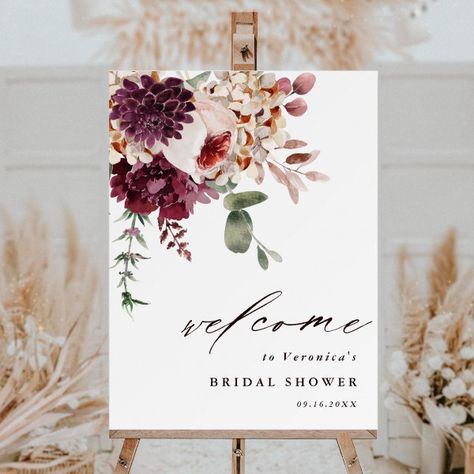 Autumn Romance Floral Bridal Shower Welcome Foam Board Maroon Bridal Shower Ideas, Burgundy Bridal Shower Ideas, Boho Bridal Shower Decorations, Watercolor Flower Bouquet, Autumn Romance, Wedding Shower Themes, Dahlias Garden, Boho Bridal Shower, Pink Bridal Shower