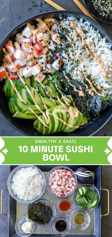 California Sushi Bowl, Sushi Bowl Recipe, Sushi Recipes Homemade, Healthy Bowls Recipes, Sushi Bowl, Homemade Sushi, Healthy Bowls, Crab Recipes, Sushi Recipes