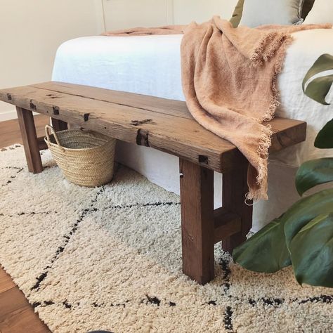 Complete your bedroom with a bench at the end of your bed! #fayandcodesigns Timber Bench Seat, Bench End Of Bed, Wooden Bench Seat, Rustic Bench, End Of Bed Bench, Timber Furniture, Bed Bench, Reclaimed Timber, Bedroom Bench