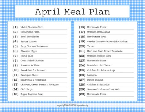 Meal Plann, Week Routine, Monthly Meal Plan, Plane Food, Monthly Menu, Baked Tilapia, Easy Chicken Parmesan, Happy April, Meal Planning Menus