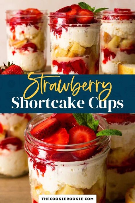 Mini Strawberry Shortcake Cheesecake, Strawberry Shortcake In A Cup Easy, Mini Strawberry Trifle, Strawberry Trifle Cups, Desserts In A Cup For Party Easy Recipes, Mason Jar Strawberry Shortcake, Strawberry Desserts Cups, Strawberry Shortcake Shooters Mini Desserts, Strawberry Shortcake Trifle Cups