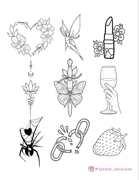 Tattoo flash sheet cool art design Fairy Tattoo Flash Sheet, Floral Tattoo Flash Sheet, Cute Tattoo Template, Beginner Flash Sheet, Linework Flash Tattoo, Fall Tattoo Flash Sheet, Summer Flash Sheet, Flash Sale Tattoo Ideas, Line Work Flash Sheets