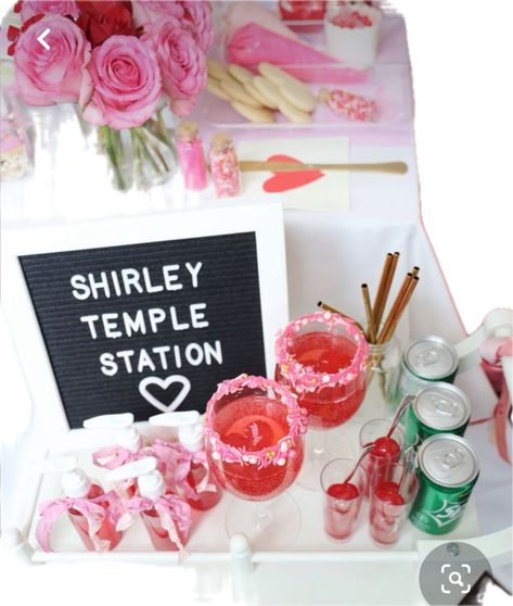 Shirley Temple Drink Station, Shirley Temple Station, Colorful Graduation Party Decorations, Grad Party Picture Ideas, Shirley Temple Bar Grad Party, Grad Party Activities, Kids Valentines Party, Party Drink Station, Senior Tea