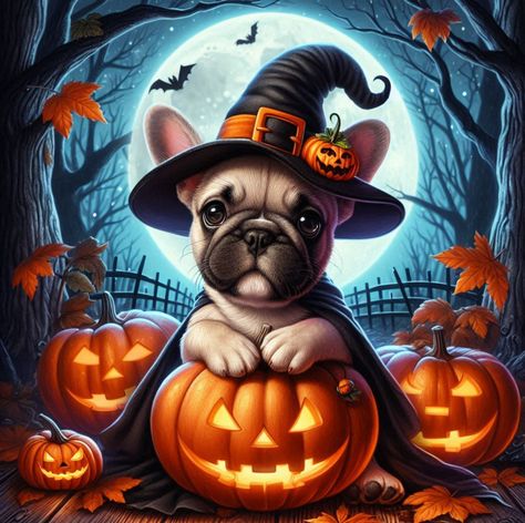 Autumn Dogs, Cute Halloween Pictures, Anjing Pug, French Dog, Holiday Wallpapers, Nice Tattoos, Painting Halloween, Cute Dog Wallpaper, Labu Halloween