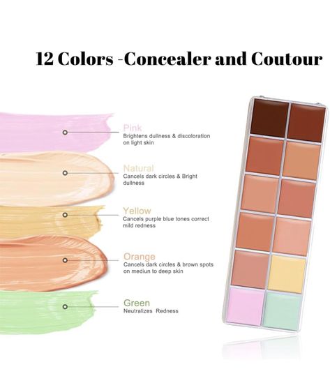 💚3 box correcting concealer 💚【12 Color Correcting Concealer】12 Color Correcting Concealer Palette With Concealer Brush, Cream Contouring Makeup Kit, Corrects Dark Circles Red Marks Scars,Longwear&Easy to Apply, Highlight and Contour, Tattoo Concealer, Light Mediumor creamy concealer for mature skin. 【Cream Contouring Makeup】Highlight or lowlight based on your facial features and needs. The Cream Concealer Palette works well to correct uneven skin tones. The green neutralizes redness, the orang Contour Color Guide, Concelear Makeup Best, Correct Order To Apply Makeup, Contour Tattoo, Cream Contouring, Concealer Guide, Color Correcting Guide, Color Corrector Makeup, Best Color Corrector