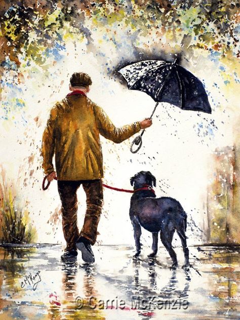 Rain Painting, Painting Mixed Media, Umbrella Art, Dog Best Friend, Man Art, Dog Painting, Man And Dog, Watercolor Art Lessons, Dog Illustration