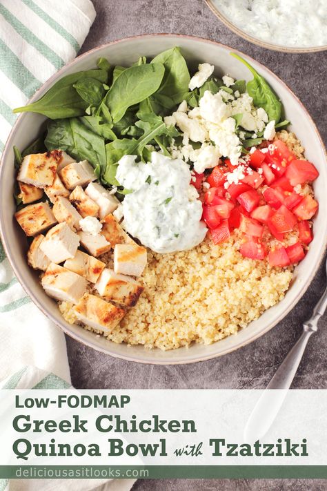 Low FODMAP Greek Chicken Quinoa Bowl - Delicious as it Looks Low Carb Low Fodmap, Low Fodmap Lunch Meal Prep, Low Fodmap Mediterranean Diet, Low Fodmap Beans, Low Fodmap Trader Joes, Low Fodmap Mediterranean Recipes, Lowfod Map, Low Fodmap Meals, Chicken Quinoa Bowl