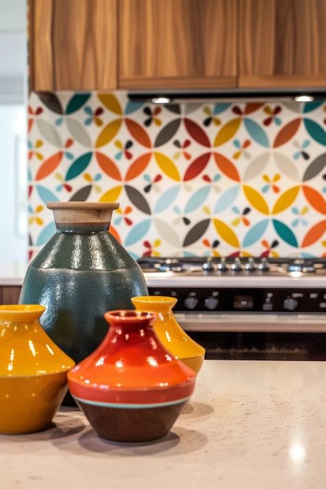 Mid Century Kitchen Backsplash Ideas & Tips Mid Century Kitchen Backsplash, Backsplash Styles, Cement Tiles Kitchen, Minimalist Kitchen Backsplash, Mid Mod Kitchen, Coastal Dining Table, Mod Kitchen, Mid Century Tile, Midcentury Decor