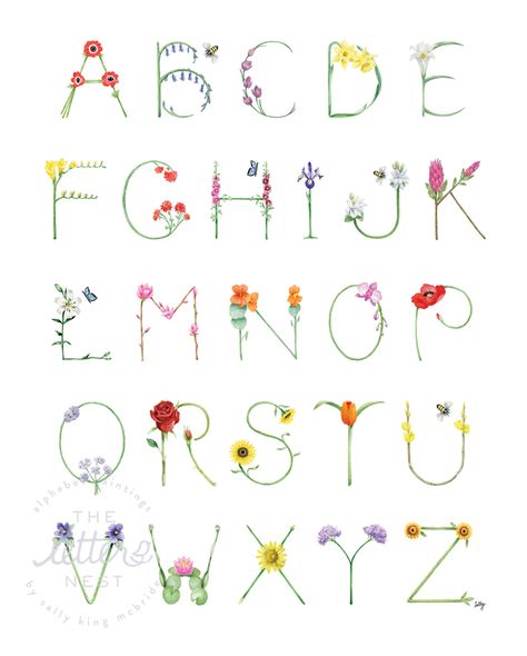 Flower Alphabet, Hand Lettering Alphabet, Pola Sulam, Flower Letters, Painted Letters, Alphabet Art, 자수 디자인, Monogram Prints, Alphabet Print