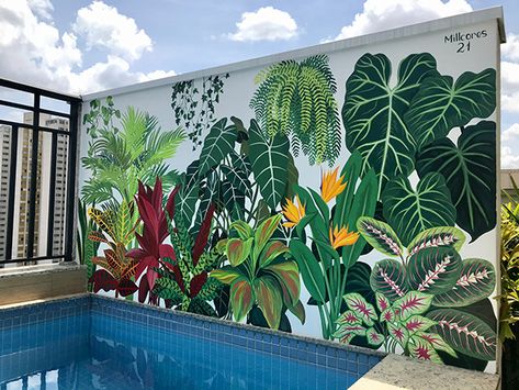 Succulent Wall Mural, Botanical Wall Painting, Summer Mural Ideas, Mural Art Outdoor, Sunroom Mural, Botanical Mural Painting, Greenery Mural, Tropical Mural Painting, Mural Art Tropical