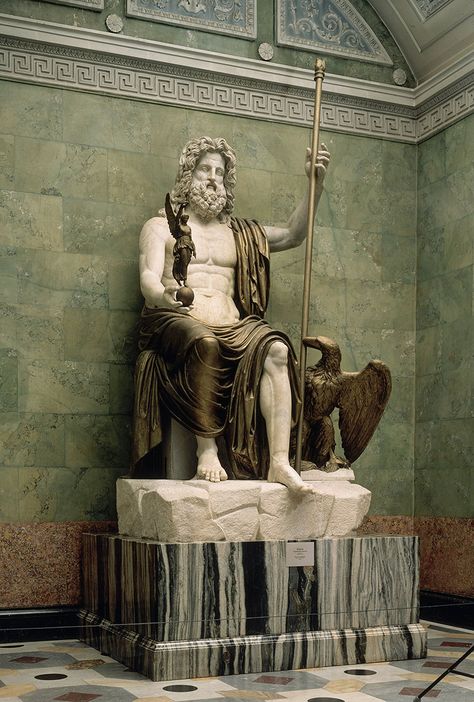 Statue of Jupiter. Marble. Late 1st century CE. Drapery, scepter, Eagle and Victory are made of painted plaster in the 19th cent. Inv. No. A 362. Saint Petersburg, The State Hermitage Museum Statue Of Zeus, Zeus Jupiter, Zeus Statue, State Hermitage Museum, Classic Sculpture, Roman Sculpture, Hermitage Museum, Greek History, Roman History